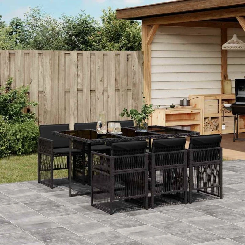 vidaXL 7-deles spisebordssæt med hynder i polyrattan, sort