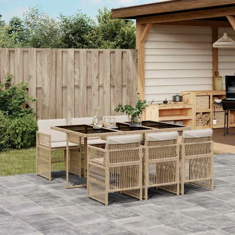 vidaXL 7-deles spisebordssæt med hynder i polyrattan beige