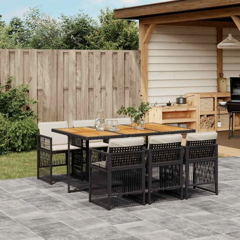 vidaXL 7-deligt spisebordssæt med hynder, polyrattan sort