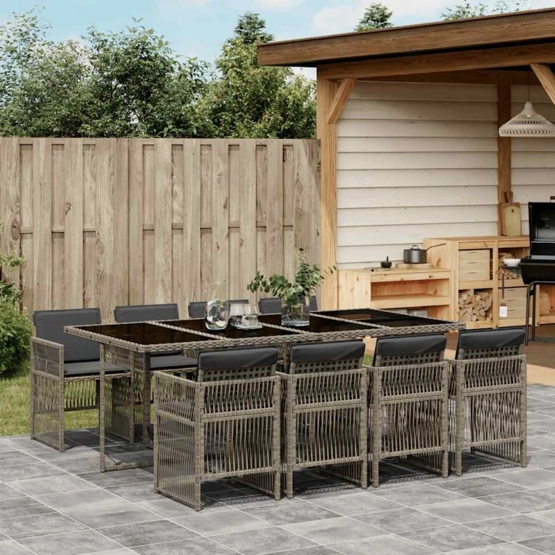 vidaXL 9-deles spisebordssæt med hynder i polyrattan grå