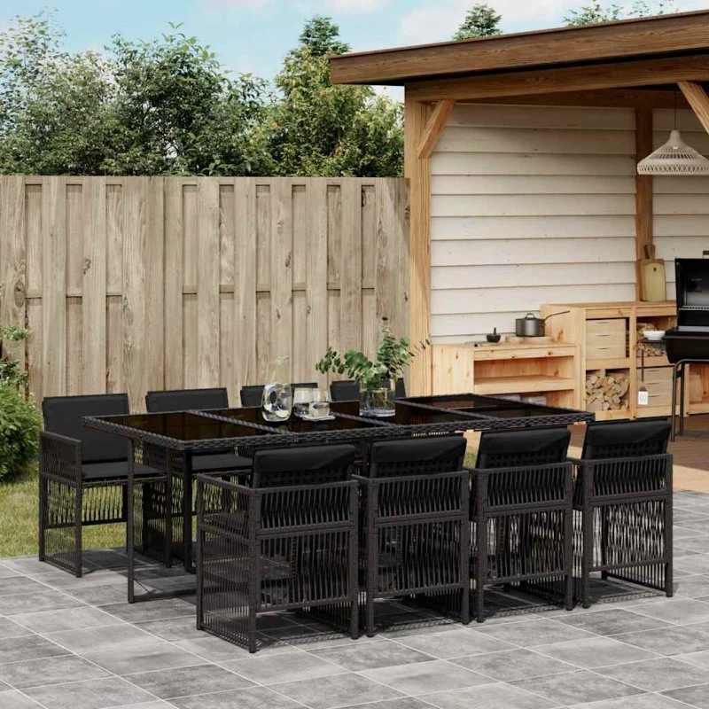 vidaXL 9-deles spisebordssæt med hynder i polyrattan, sort