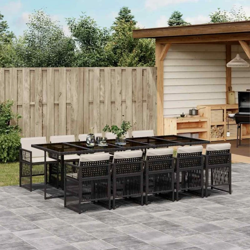vidaXL 11-deles spisebordssæt med hynder i polyrattan, sort