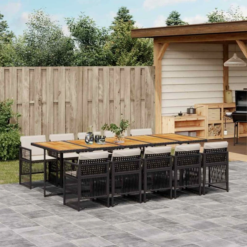 vidaXL 11-deligt spisebordssæt med hynder, polyrattan sort