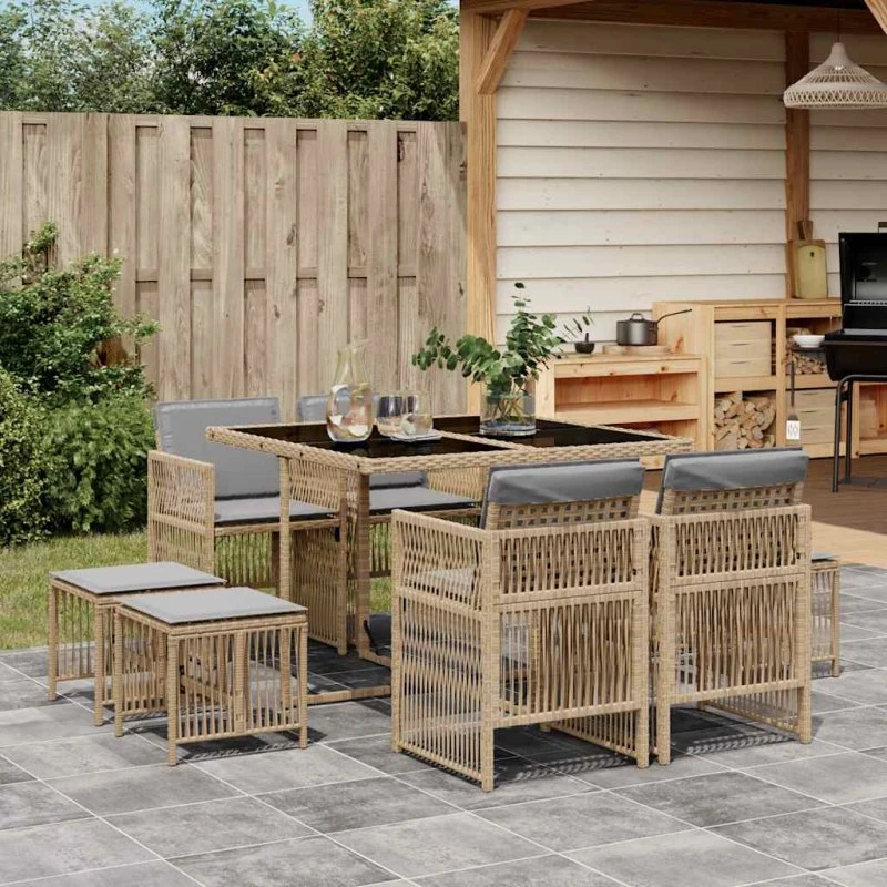 vidaXL Spisebordssæt 9 dele med hynder polyrattan beige