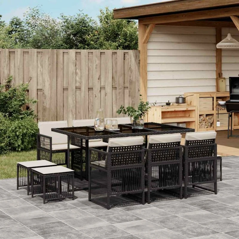 vidaXL 11-del spisebordssæt med hynder, polyrattan sort