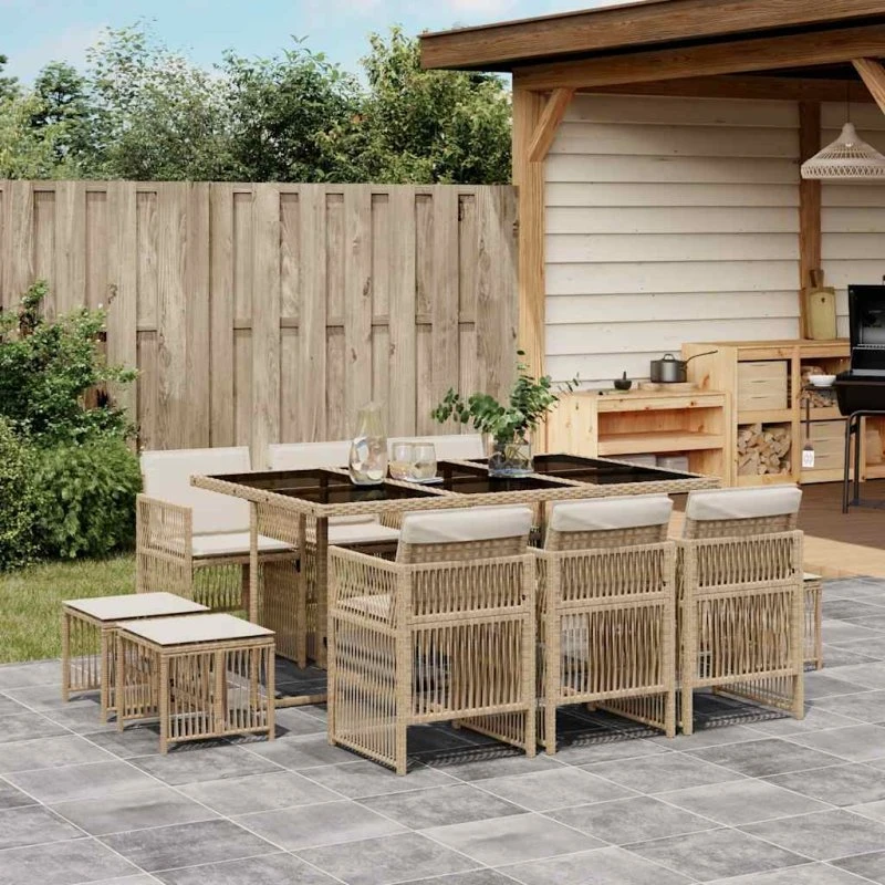 vidaXL 11-del spisebordssæt med hynder i polyrattan beige