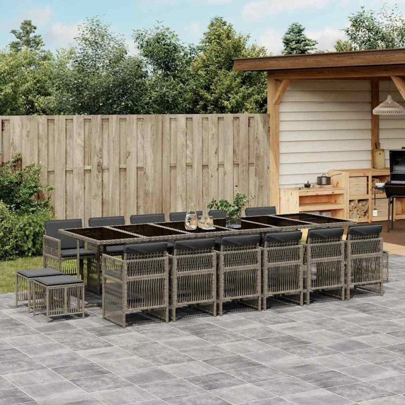 vidaXL 17-del spisebordssæt med hynder i polyrattan grå