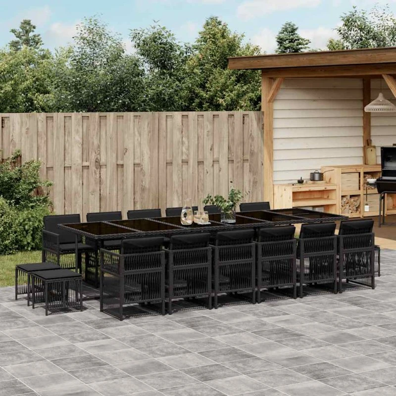 vidaXL 17-del spisebordssæt med hynder, polyrattan sort