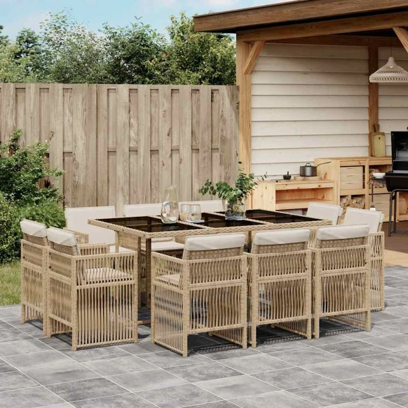 vidaXL 11-deligt spisebordssæt med hynder, polyrattan beige