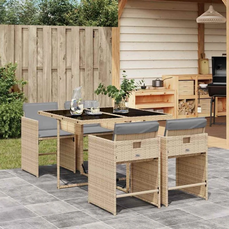 vidaXL Spisebordssæt 5 dele med hynder polyrattan beige
