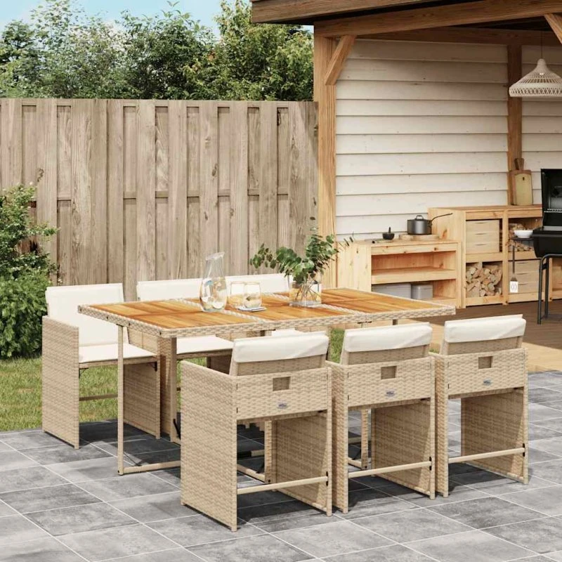vidaXL 7-deligt spisebordssæt med hynder, polyrattan beige