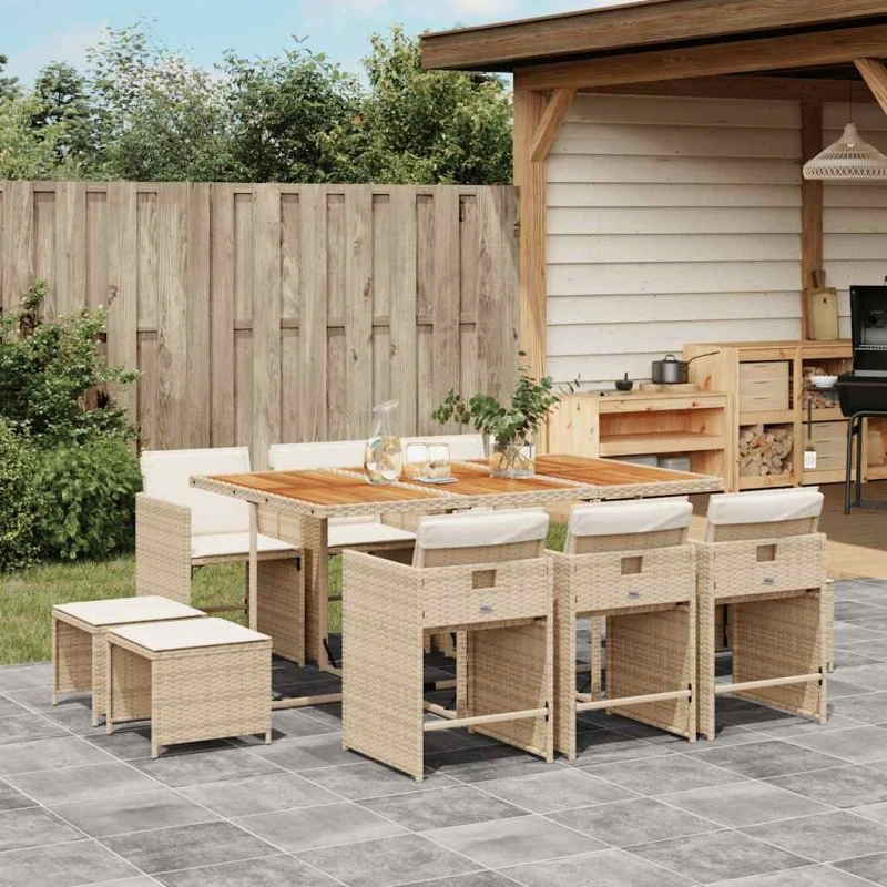 vidaXL 11-deligt spisebordssæt med hynder i polyrattan beige
