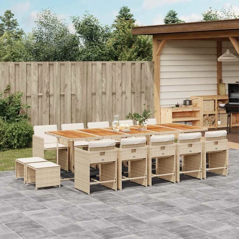 vidaXL 15-deligt spisebordssæt med hynder, polyrattan beige