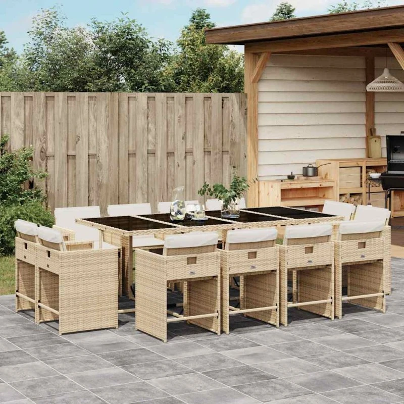 vidaXL 13-delers spisebordssæt med hynder, polyrattan beige