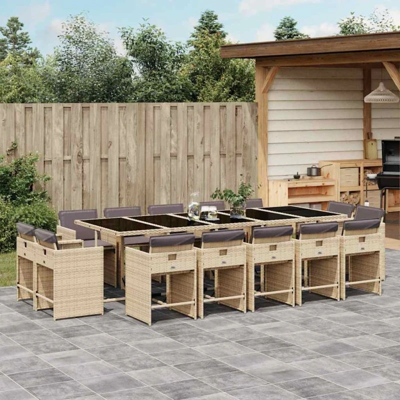 vidaXL 15-deligt spisebordssæt med hynder i polyrattan beige