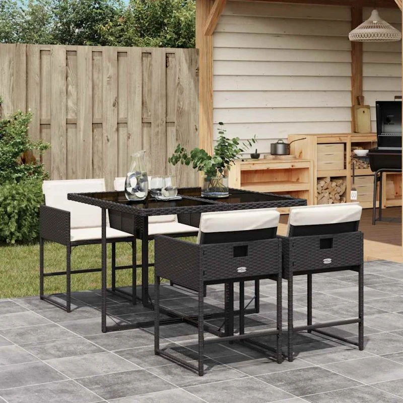 vidaXL 5-delssæt polyrattan sort med glasbord