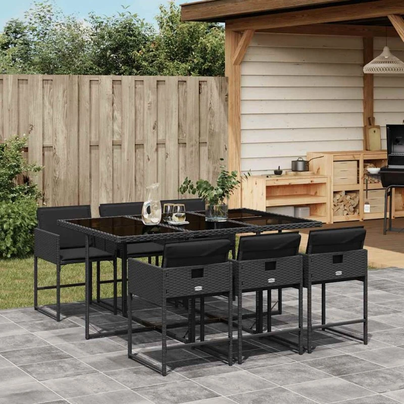 vidaXL 7-deligt spisebordssæt med hynder, polyrattan sort