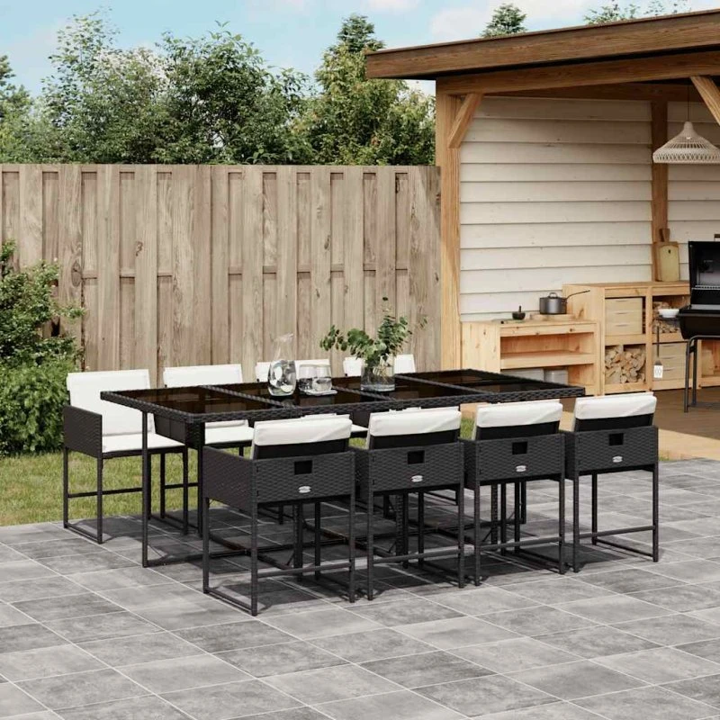 vidaXL 9-delers spisebordssæt med hynder i polyrattan, sort