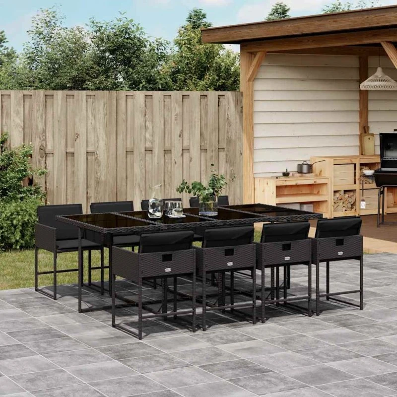 vidaXL 9-deligt spisebordssæt med hynder i polyrattan sort