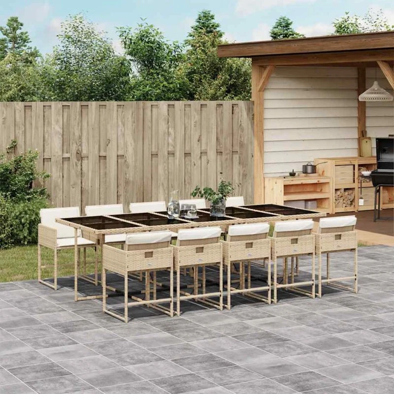 vidaXL 11-del spisebordssæt med hynder, polyrattan beige