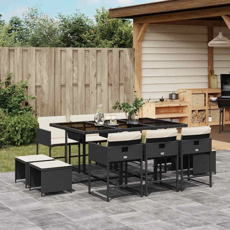 vidaXL 11-del spisebordssæt med hynder, polyrattan sort