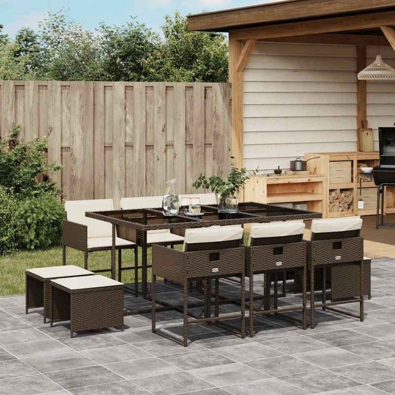 vidaXL 11-del spisebordssæt med hynder i polyrattan brun