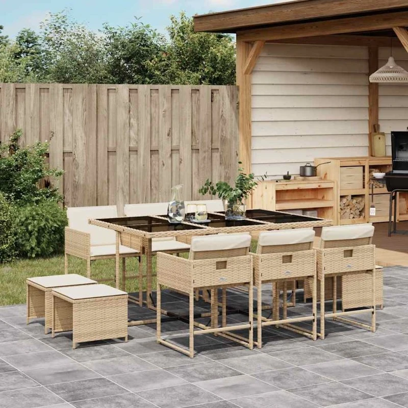 vidaXL 11-del spisebordssæt med hynder i polyrattan beige