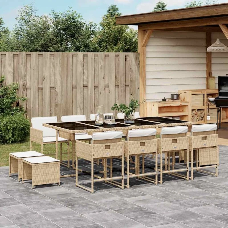 vidaXL 13-deligt spisebordssæt med hynder i polyrattan beige