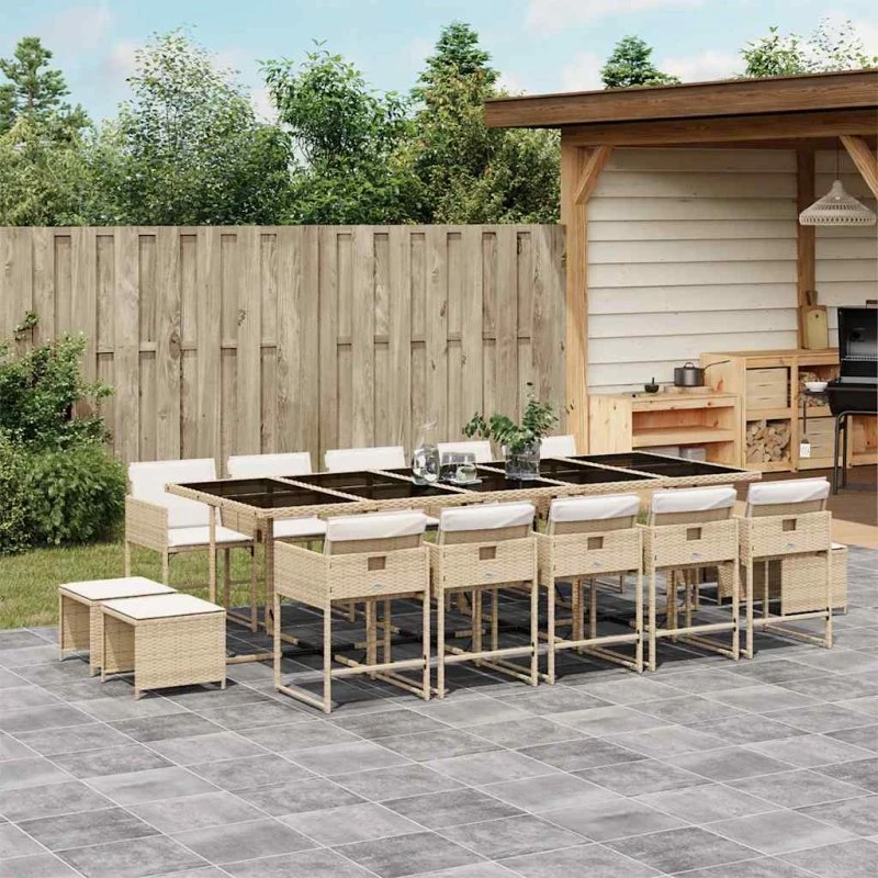 vidaXL 15-deligt spisebordssæt med hynder i polyrattan beige
