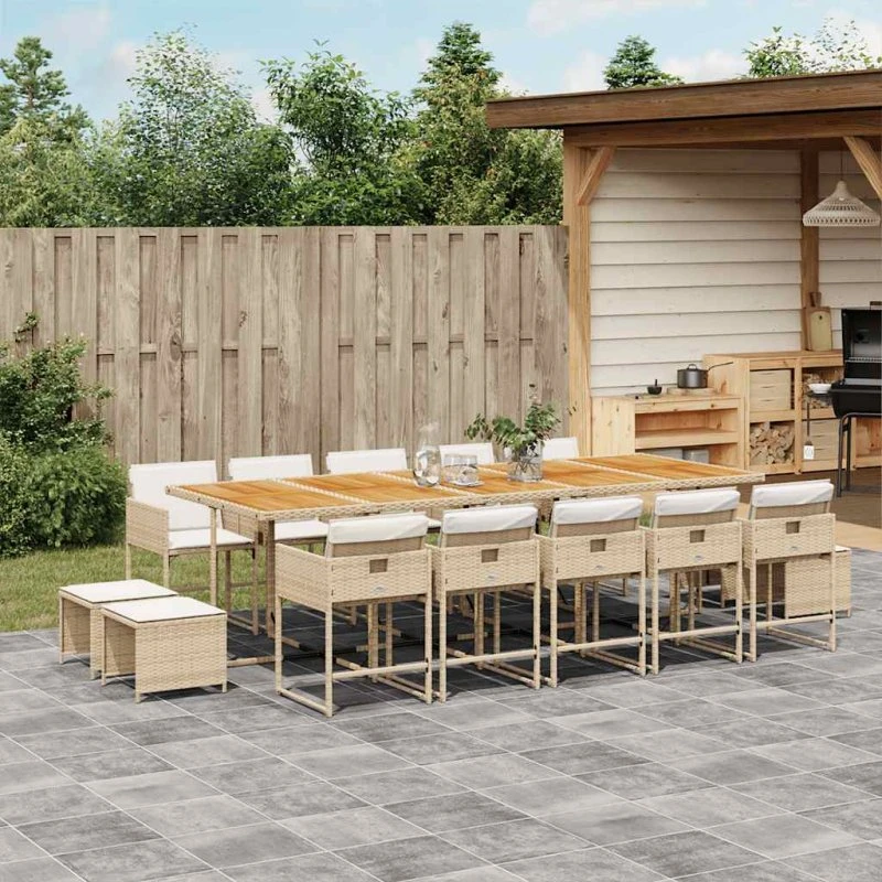 vidaXL 15-deligt spisebordssæt med hynder, polyrattan beige