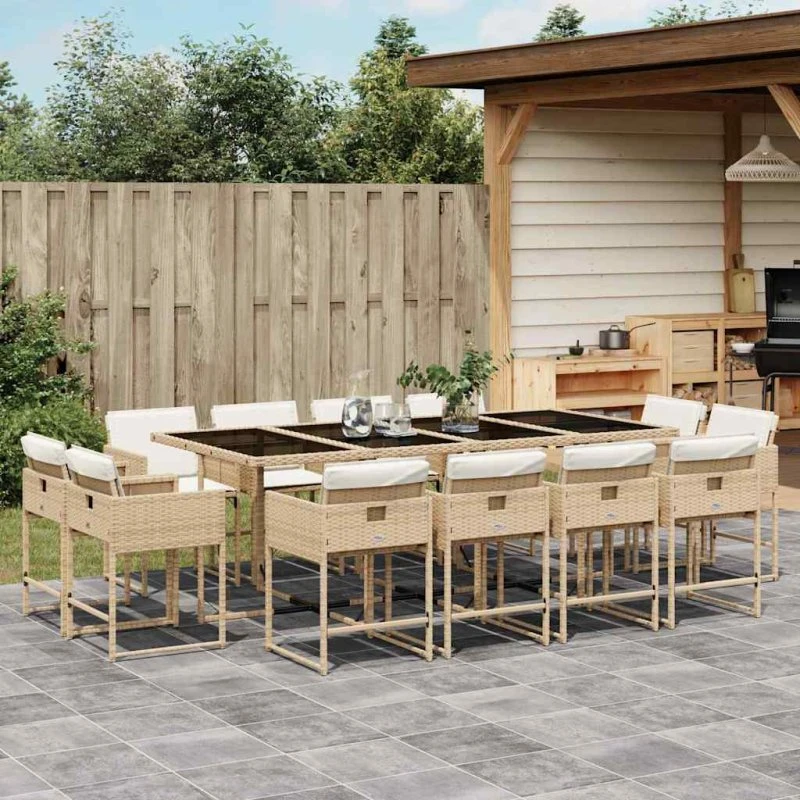 vidaXL 13-deligt spisebordssæt med hynder, polyrattan beige