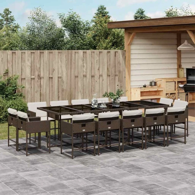 vidaXL 15-deligt spisebordssæt med hynder, polyrattan brun