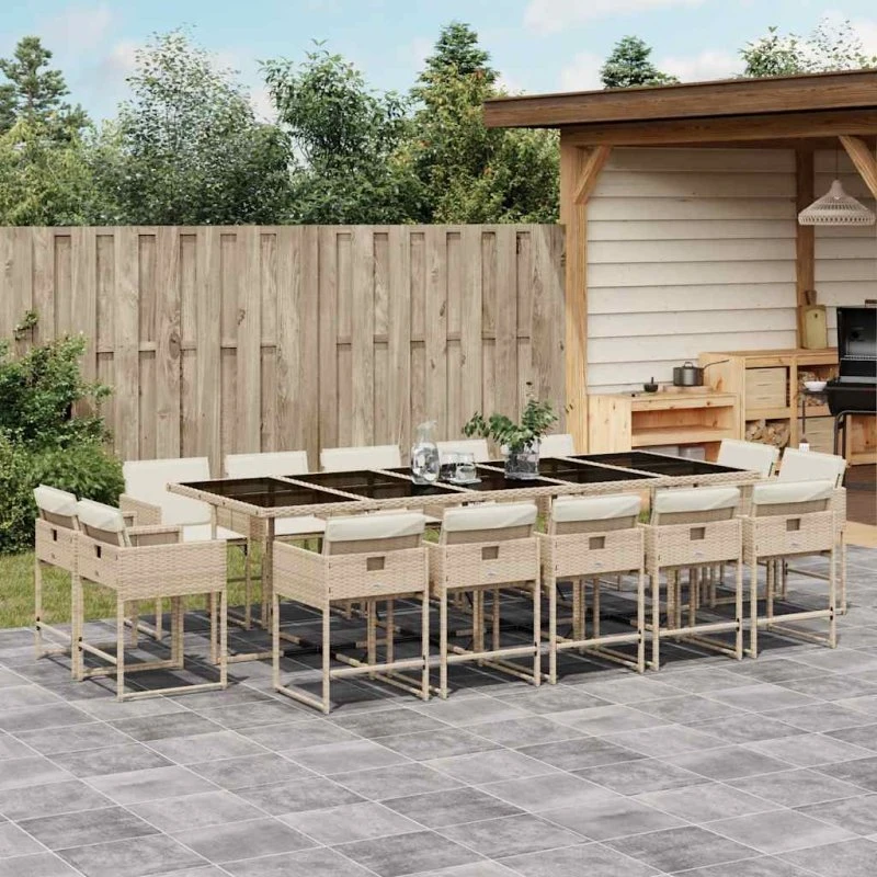 vidaXL 15-deligt spisebordssæt med hynder, polyrattan beige