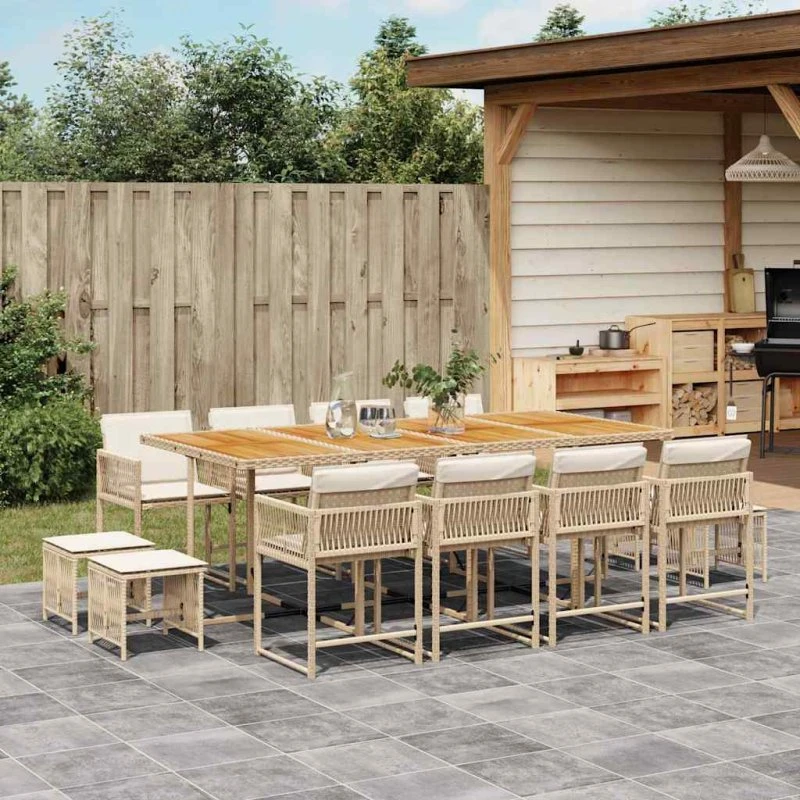 vidaXL 13-deligt spisebordssæt med hynder, polyrattan beige
