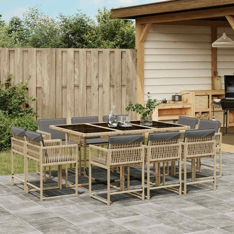 vidaXL Spisebordssæt 11 dele polyrattan beige med hynder