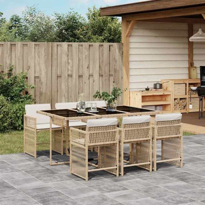 vidaXL 7-deligt spisebordssæt med hynder, polyrattan beige