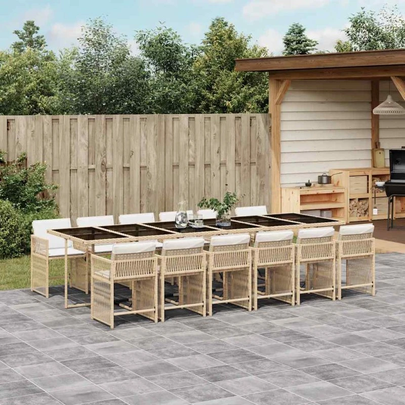 vidaXL 13-deligt spisebordssæt med hynder, polyrattan beige