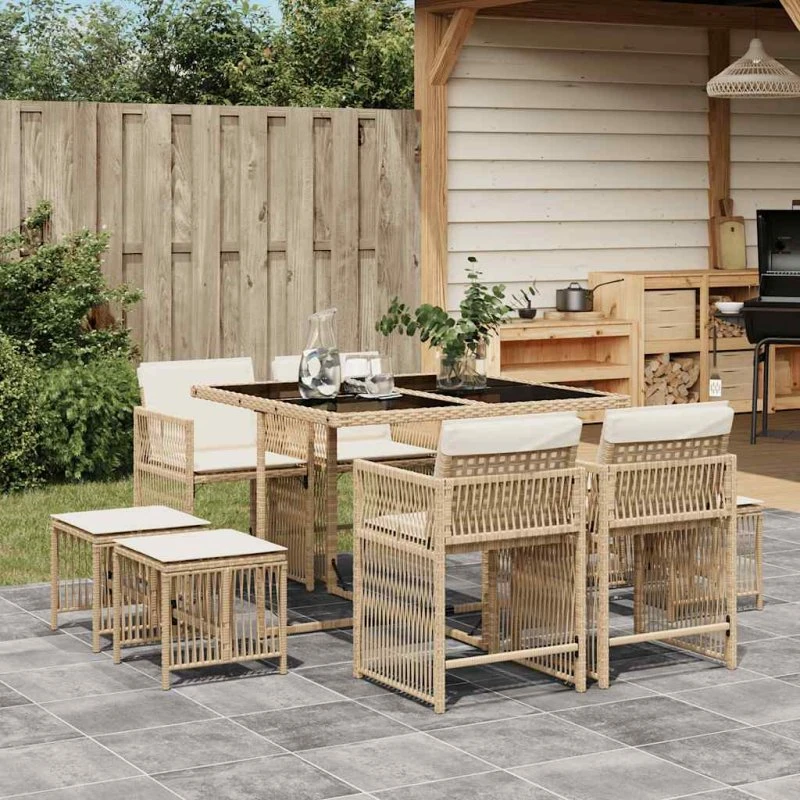 vidaXL 9-delers spisebordssæt med hynder i polyrattan, beige