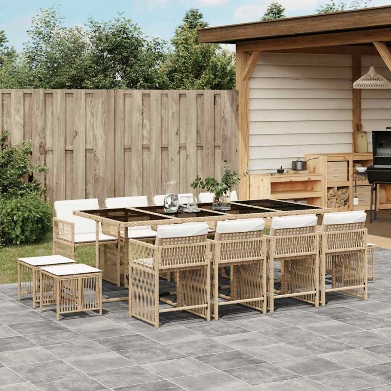 vidaXL 13-deles spisebordssæt med hynder i polyrattan beige