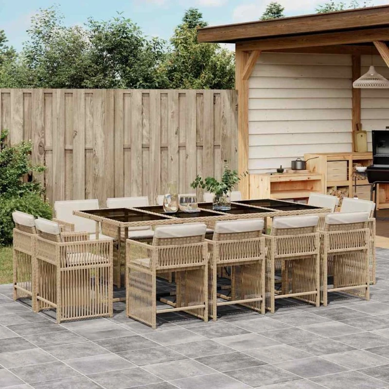 vidaXL 13-deligt spisebordssæt med hynder, polyrattan beige
