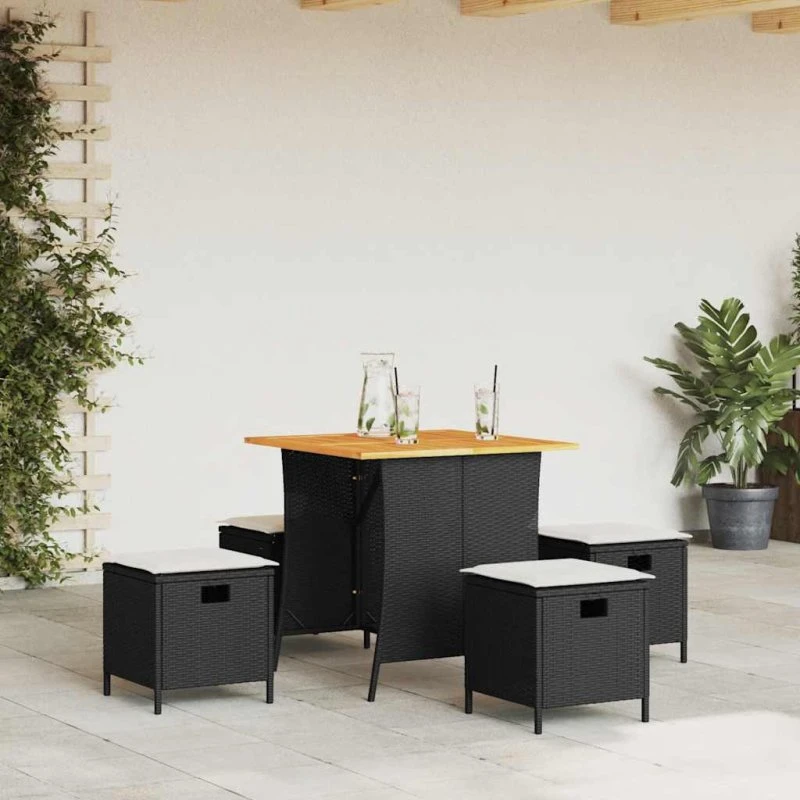 vidaXL 5-delssæt polyrattan sort med akacietræsbord