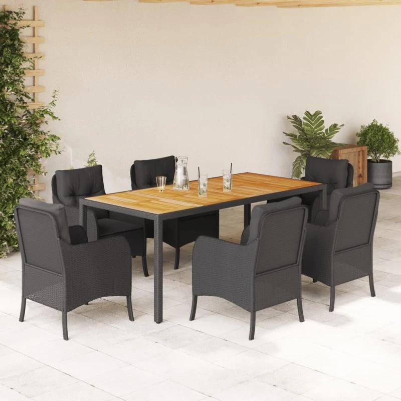 vidaXL 7-delssæt med polyrattan hynder, sort, 190 cm