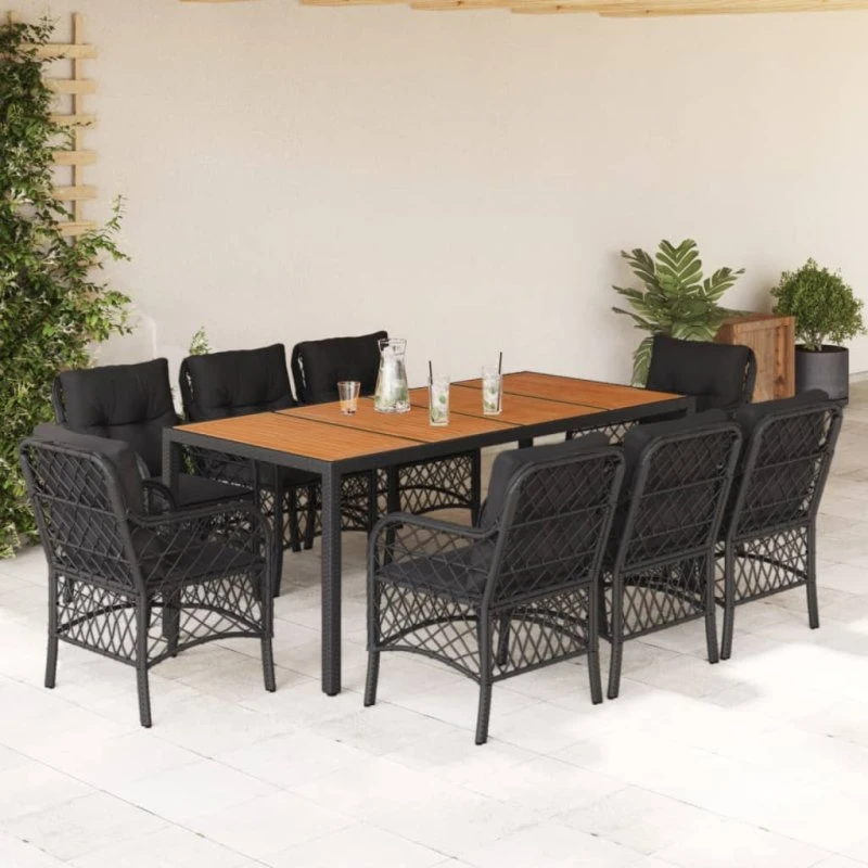 vidaXL 9-deligt spisebordssæt med hynder i polyrattan, sort