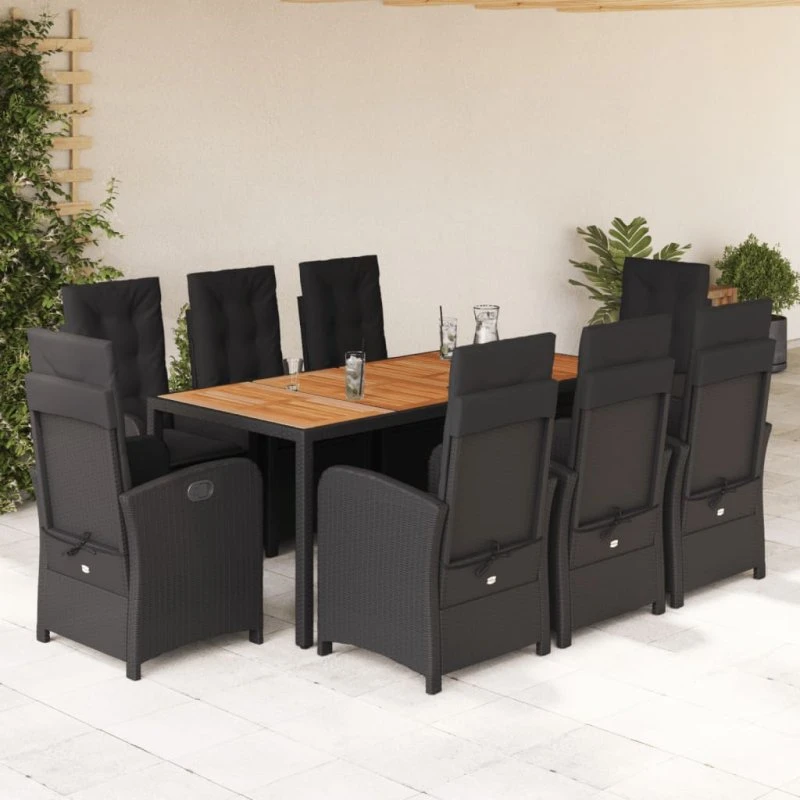 vidaXL 9-delers spisebordssæt med hynder i polyrattan sort