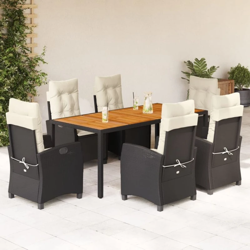 vidaXL 7-deligt spisebordssæt med hynder, polyrattan sort, 190 cm