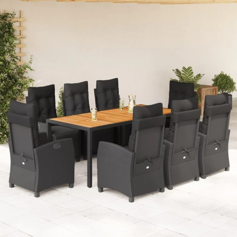 vidaXL 9-dels spisebordssæt med hynder, polyrattan sort