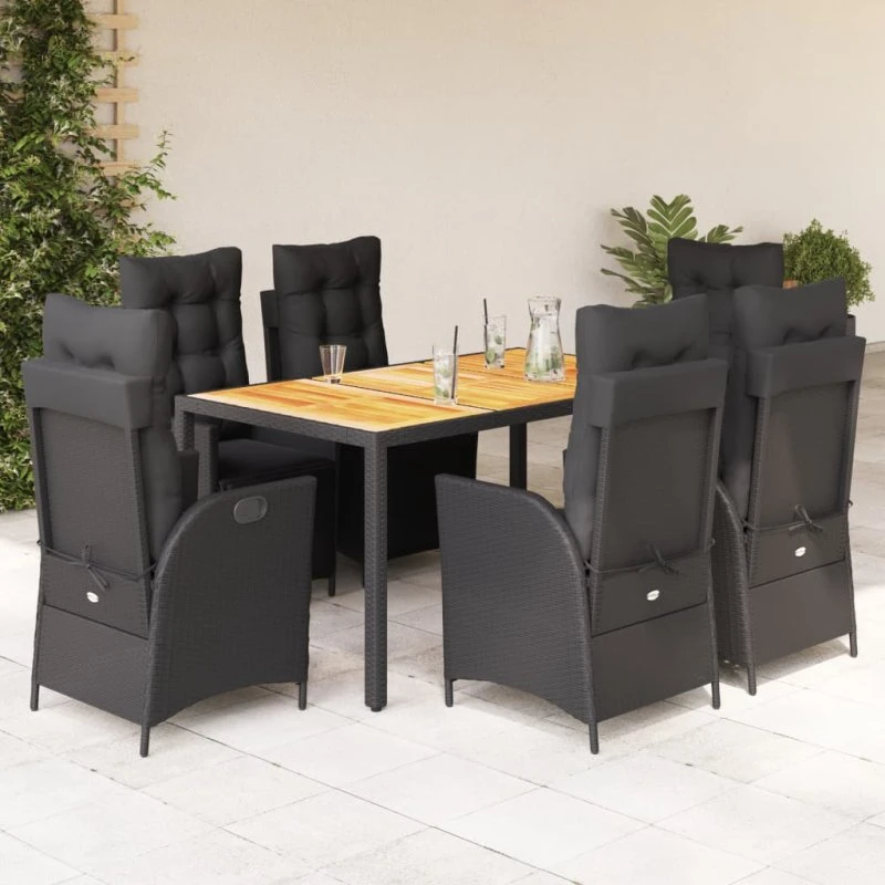 vidaXL 7-delssæt med bord og hynder i polyrattan sort