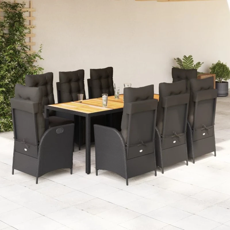 vidaXL 9-delers spisebordssæt med polyrattan, sort, 190 cm