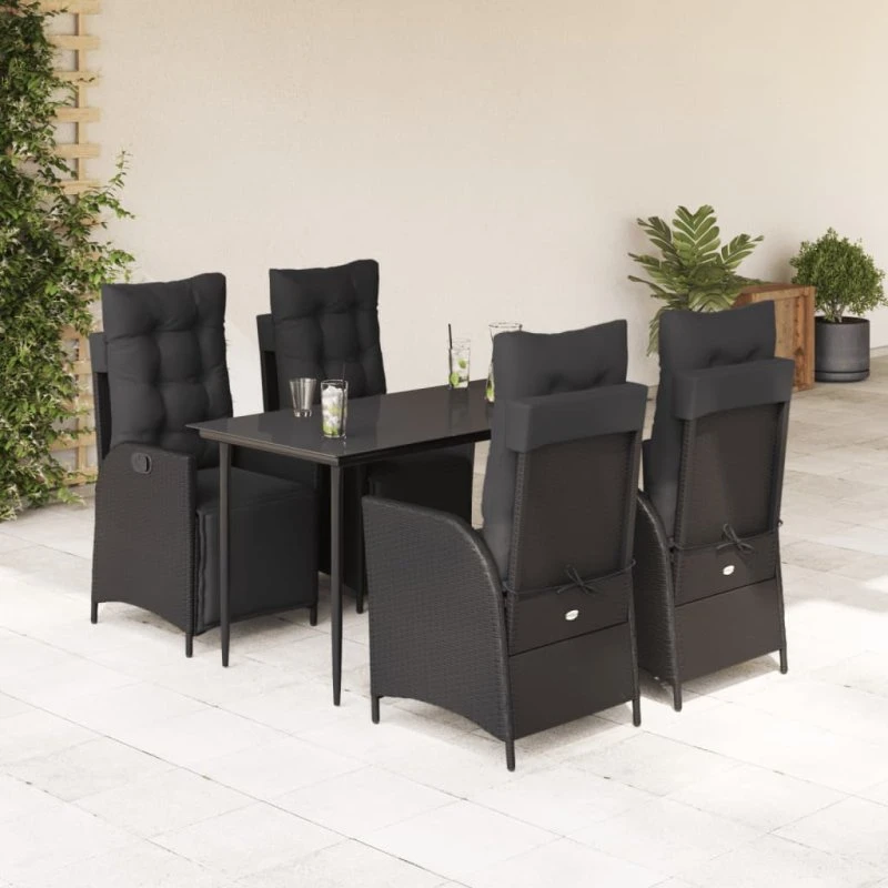 vidaXL 5-deligt spisebordssæt med hynder, sort polyrattan, 140 cm