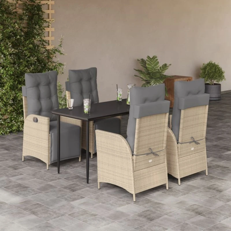 vidaXL Spisebordssæt 5 dele polyrattan beige med hynder